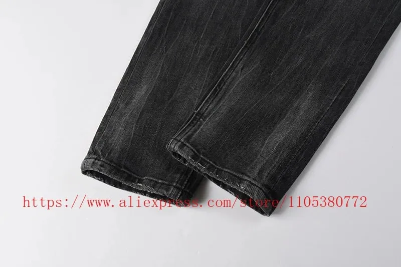 2026 New Arrival Men's Dark Grey Washed Slim Fit Skinny Jeans Ripped Stretch Denim Casual Pants Streetwear Trousers