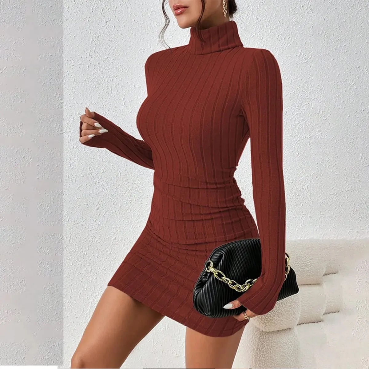 Gaun Bottoming Rajutan Gaun Mini Selubung Seksi Lengan Panjang Turtleneck Turtleneck Musim Gugur Musim Dingin Pesta Elegan Wanita Gaun Klub Bodycon