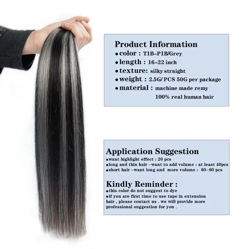 Doreen European Real Remy Human Hair Tape In Extensions 16 to 24 Inch 20Pcs 50g PU Seamless Balayage Silver Grey Hair Black Root