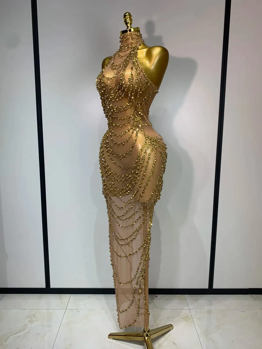 Sparkly Strass Sexy Transparent Mesh Lange Kleid 2025 Frauen Luxus Geburtstag Club Party Kleid Bühne Sängerin Leistung Kostüm