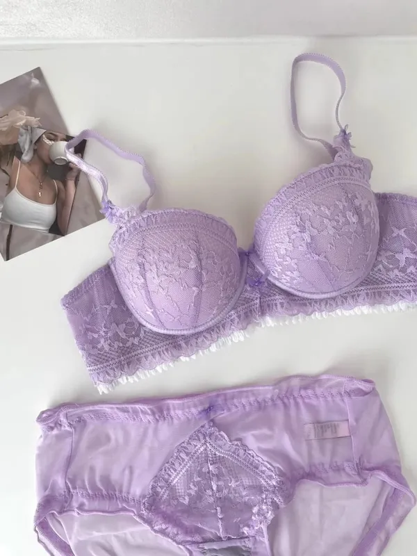 Hot French Pure Lace Lingerie Set Women Wireless Push Up Bra Small Breast Gathered Plus Size Comfort Party Nightwear Hot Trend