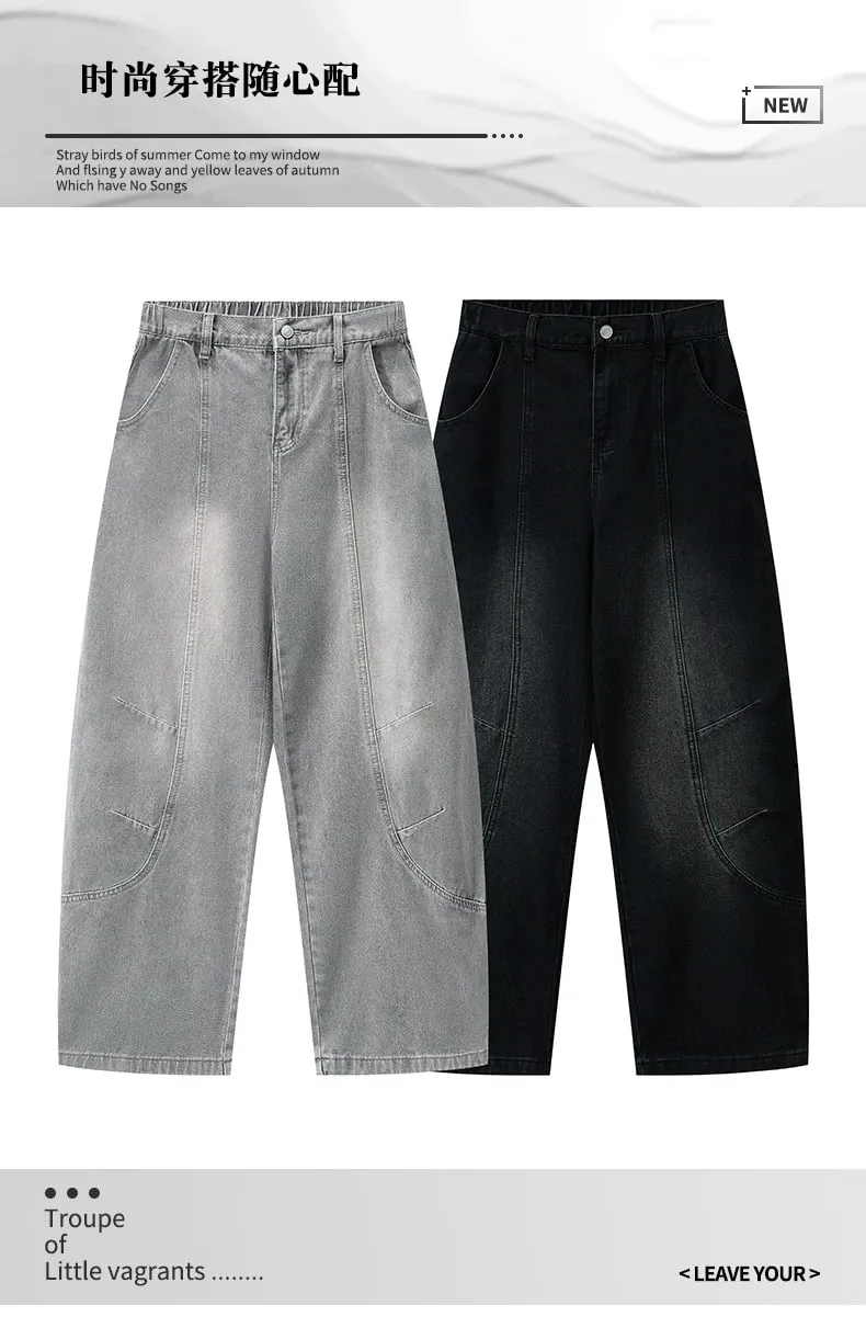 American High Street Curved Wide Leg Jeans For Men Vintage Grey Draped Loose Hip Hop Designer Bottoms