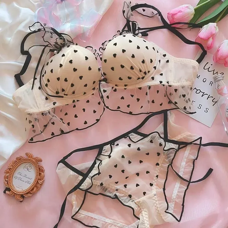 Cute Heart Lingerie Set for Girls Bralette & Panty Set Wire-Free Soft Bra Small Breasts Comfort
