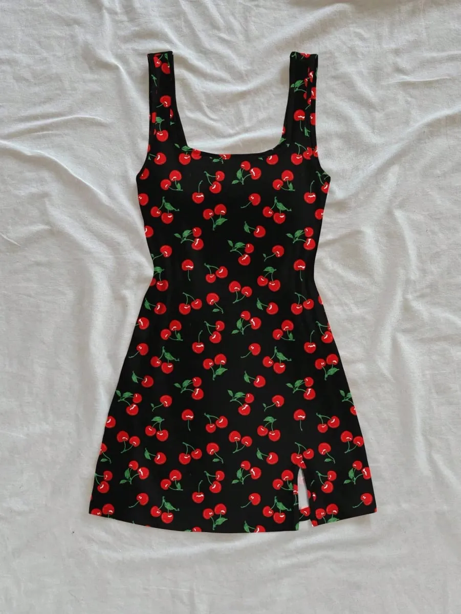 Summer Ladies Backless U-Neck Cherry Print Mini Dress Women's Sleeveless Gown Fashionable Casual Style