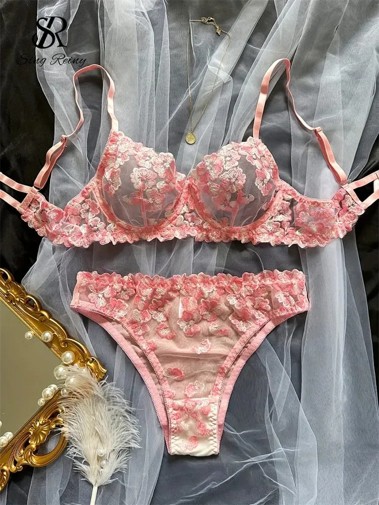 Διχτυωτό Sheer Εσώρουχα Δύο Κοστούμια Γαλλικά Floral Seusual Σετ Εσωρούχων Γυναικεία Κέντημα Σέξι Σετ σουτιέν και σλιπ