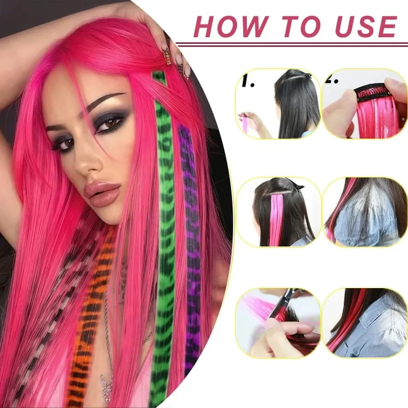 Rainbow Colored Feather Clip In Hair Extensions 18inch Synthetic Hair Piece Y2K Fashion For Women Girls Cosplay Party Halloween
