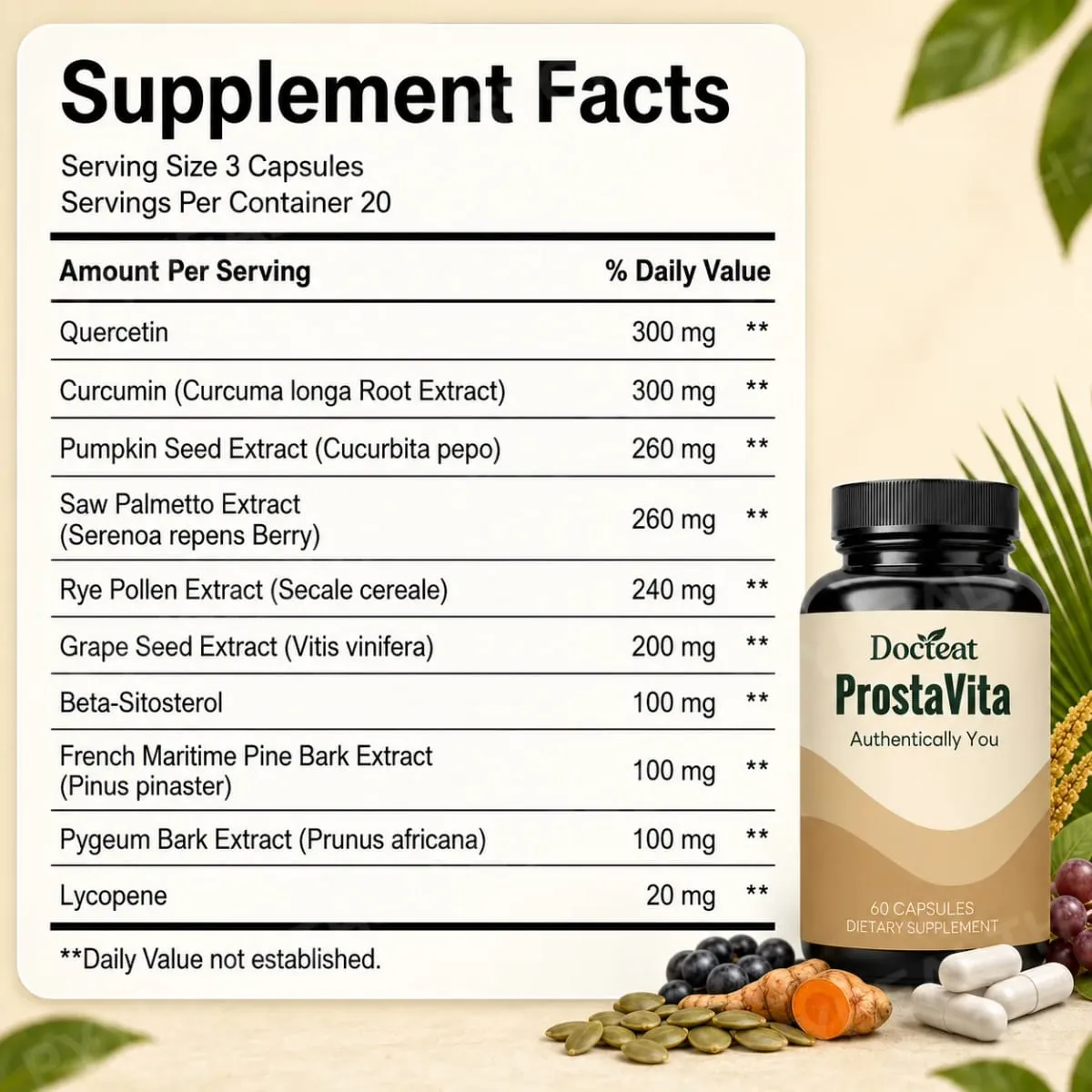 Docteat ProstaVita Men's Prostate Health Capsules with Beta-Sitosterol Saw Palmetto Pumpkin Seed and Lycopene 60 Count