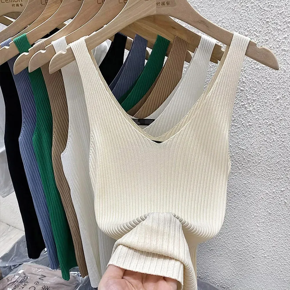 New Summer Sexy V-Neck Sleeveless Knit Women Camis Slim Pure Desire Style Basic Crop Top Korean Style Solid Versatile Tank Top