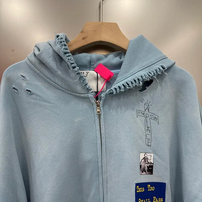 Light Blue PALY Letter Crystal Hoodie Ripped Washed Fashion Patch High Street Casual Men Women 1:1 Zipper Sweatshirts