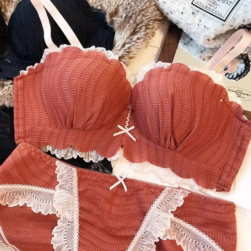 Söt kontrastfärg Spets tunna underkläder för unga flickor Intimates One-Piece Sömlös liten BH och trosset Bomullsunderkläder
