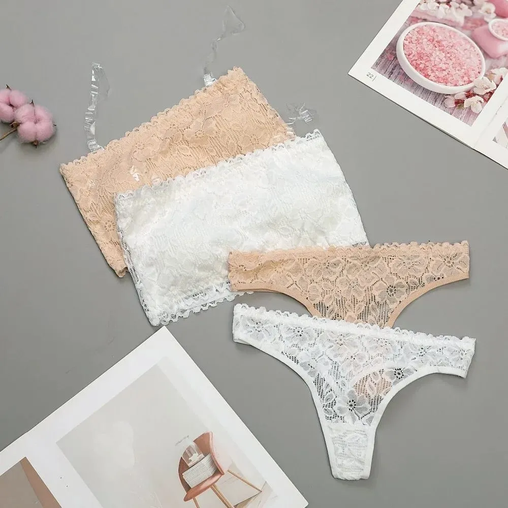 Lace Sheer Flower Thong Bra Set Invisible Straps Embroidery Floral Panties Bra Kit Lingerie Hollow Underwear for Women Ladies