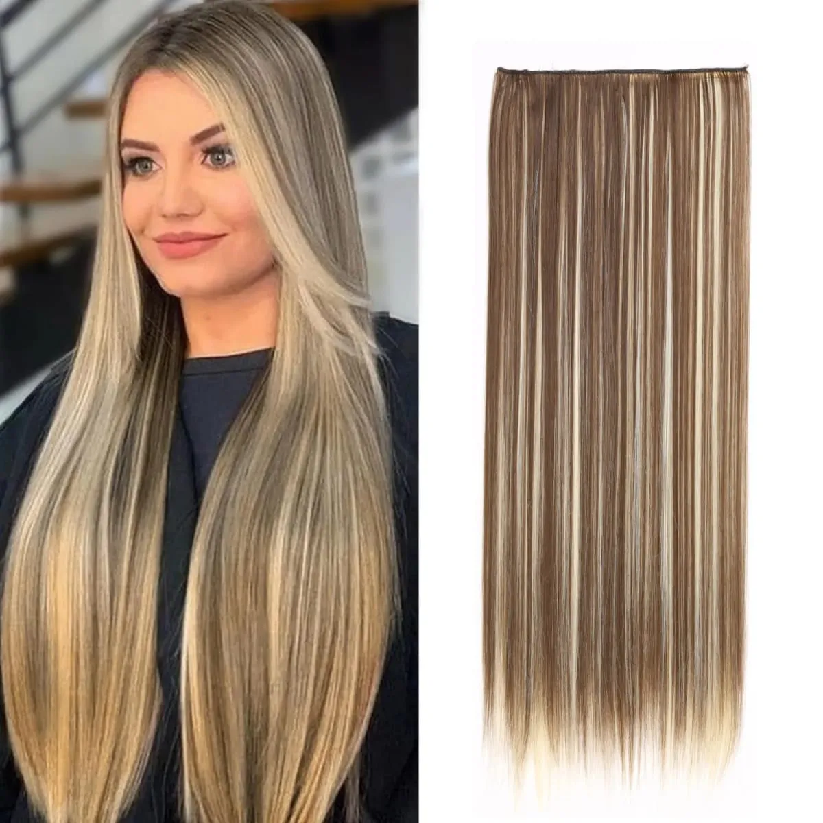 Daglig brug Clip in Hair Extensions 5 Clips One Piece Instant Volume Langt glat syntetisk hår Brun blond farve til kvinder