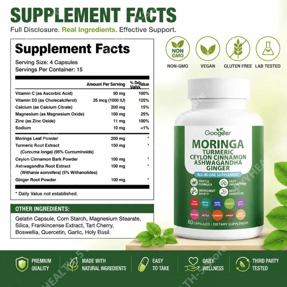 Googeer Moringa Zerdeçal Kapsülleri Ashwagandha Zencefil ve Seylan Tarçın ile Ortak Sağlık Desteği için Hepsi Bir Arada 60 Kapsül
