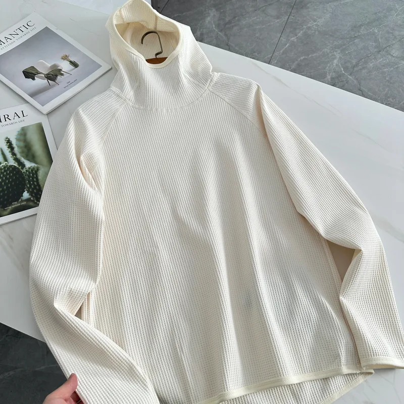 Lightweight Soft Elastic Waffle Grid Harajuku Style Half Face Hooded Loose Thin Sweatshirt Unisex Polyester Fiber Long Sleeve