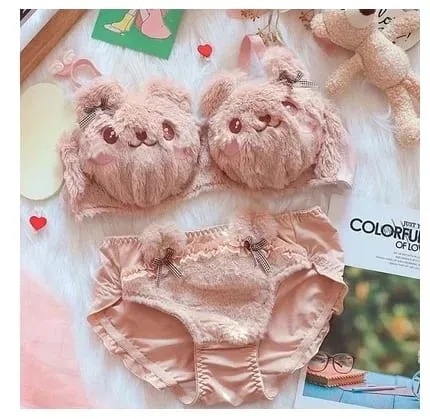 Cute Cat Paw Plush Lingerie Set for Women Warm Winter Bra & Panty with Ears Comfortable Kawaii Underwear