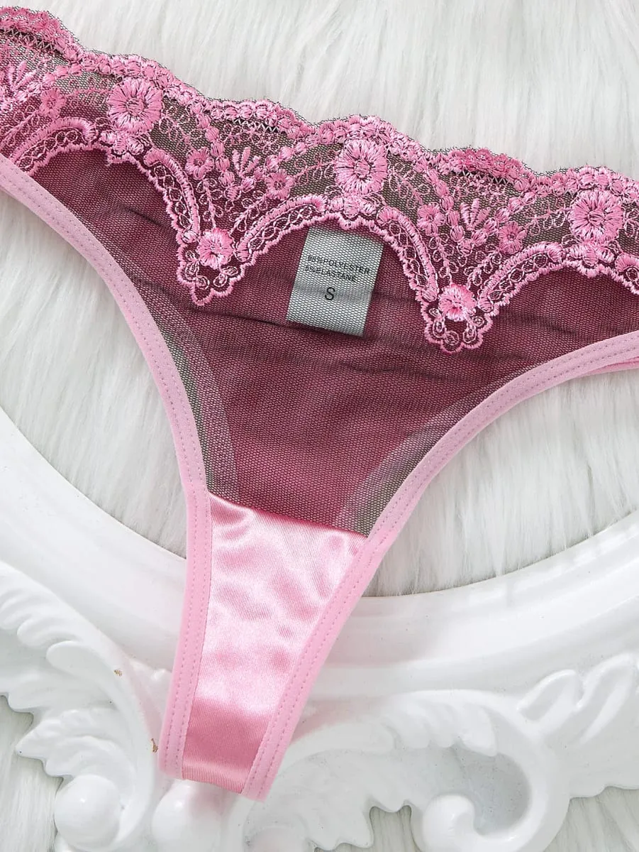 Sweet Pink Lace Lingerie Set Women Satin Underwire Bra With Floral Thong Romantic Intimate Sleep Outfit ZA825289