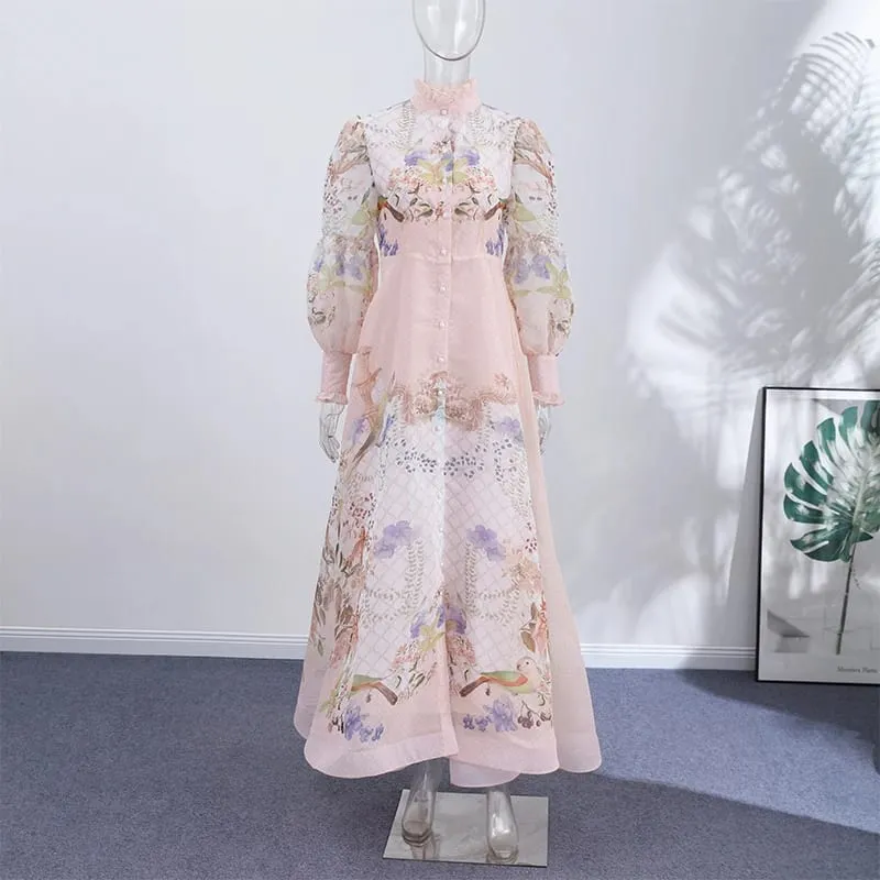 Elegant Printed Belted Maxi Dresses Women Slim Puff Sleeve Lace-up Stand Collar Dress 2026 New Ladies Summer Party Evening Grown