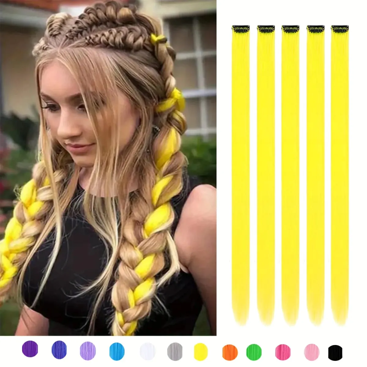 5Packs Colored Hair Extensions 22Inch Straight Color Clip in on Hair Extension Rainbow Party Highlights Synthetic Hair