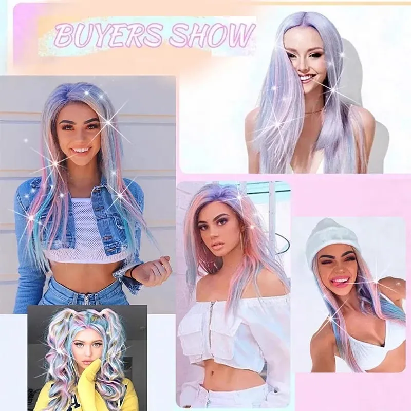 5PCS Synthetic Clip In Rainbow Tinsel Hair Extensions Colorful Glitter Sparkle Hair Shiny Hair Hairpieces For Women Girls