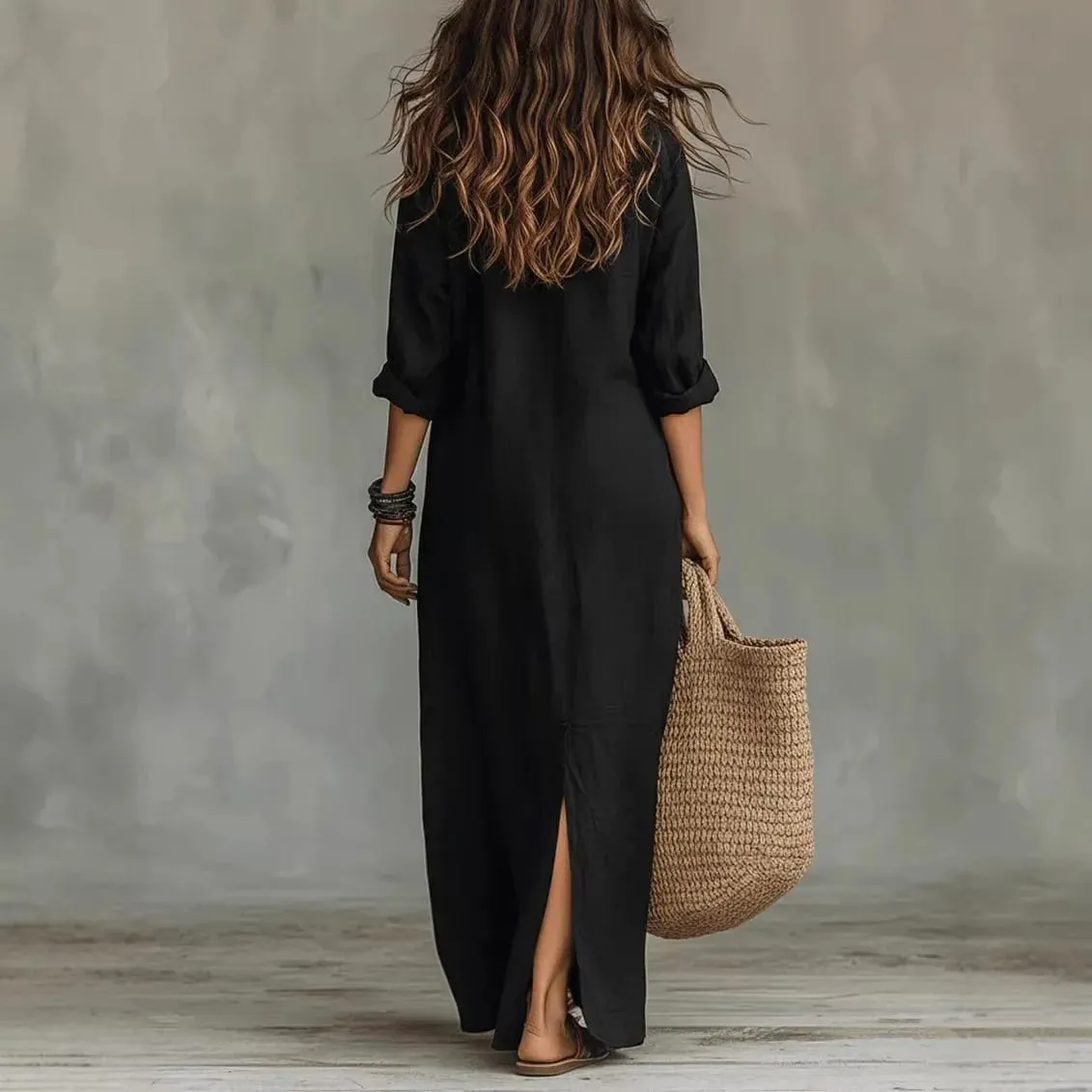 Casual Long Sleeve Loose Maxi Dress Women 2026 Summer Solid Color Turn-down Collar Beach Long Dresses Elegant Vestidos