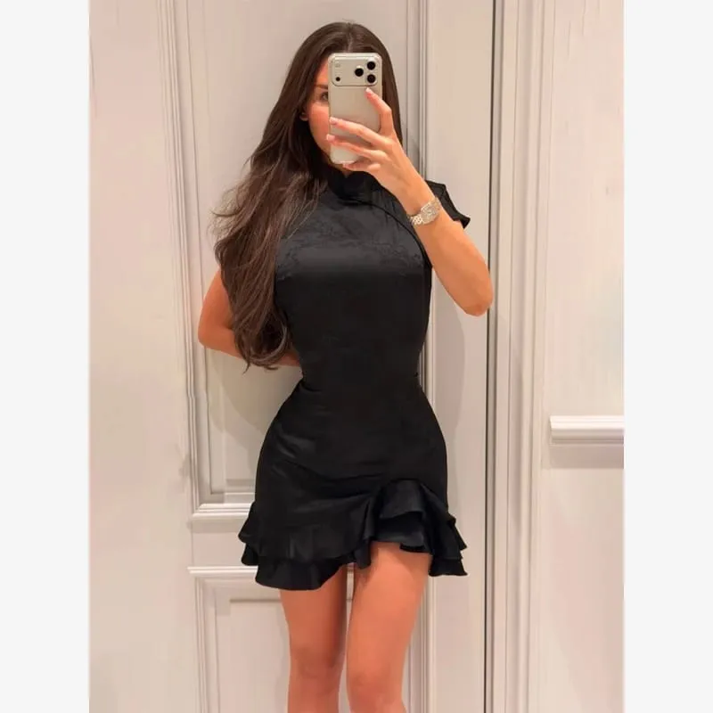 Deep V-neck Slim Short Dress Lady Casual Floral Print Long Puff Sleeve Ruched Hem Bodycon Dresses Women Party Vacation Gown