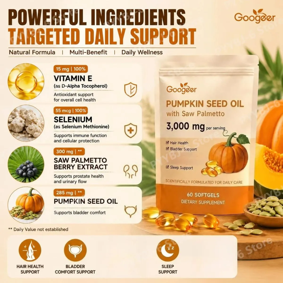 Googeer Pumpkin Seed Oil Softgels with Saw Palmetto 3000mg Hair Health Bladder Comfort Sleep Support Supplement 60 Softgels