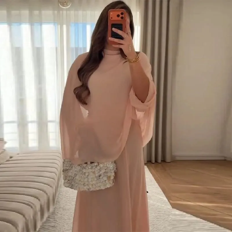 Women's Fashion Pink High Neck Cape Dress Elegant Loose Long Sleeve Flowy Maxi Dress 2026 Spring NEW Lady Evening Party Outfit