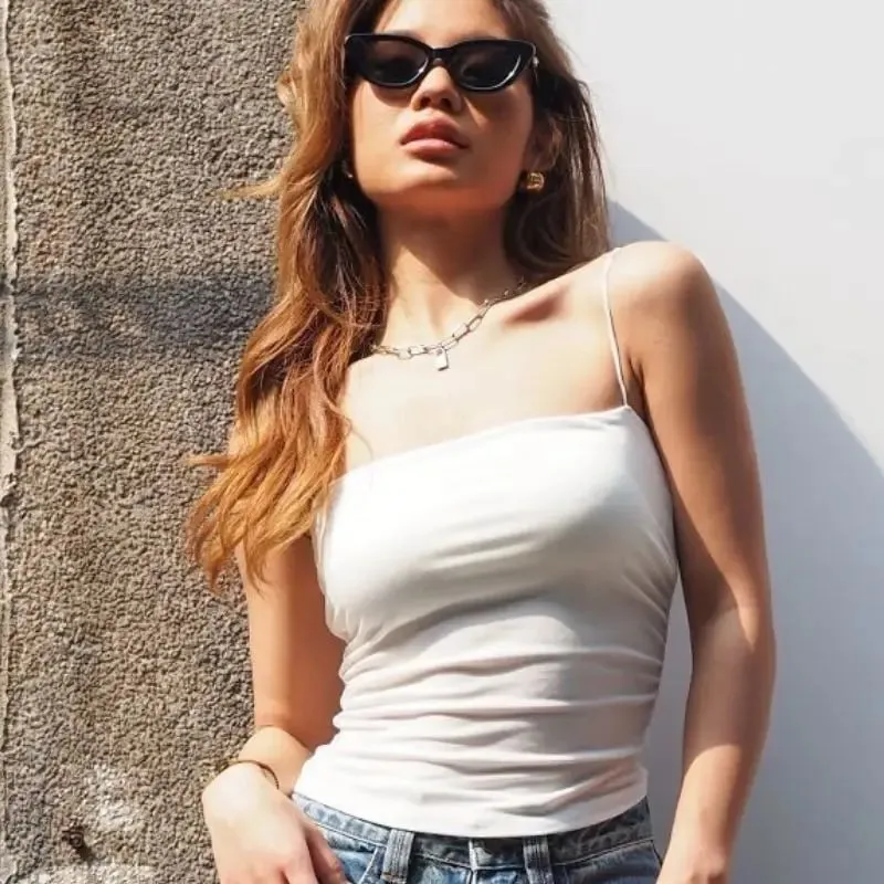 Summer Korean Women Spaghetti Strap Crop Top With Bra Bodycon Sleeveless Cami Tube Top Basic Camisoles Y2K Sexy Tank Tops