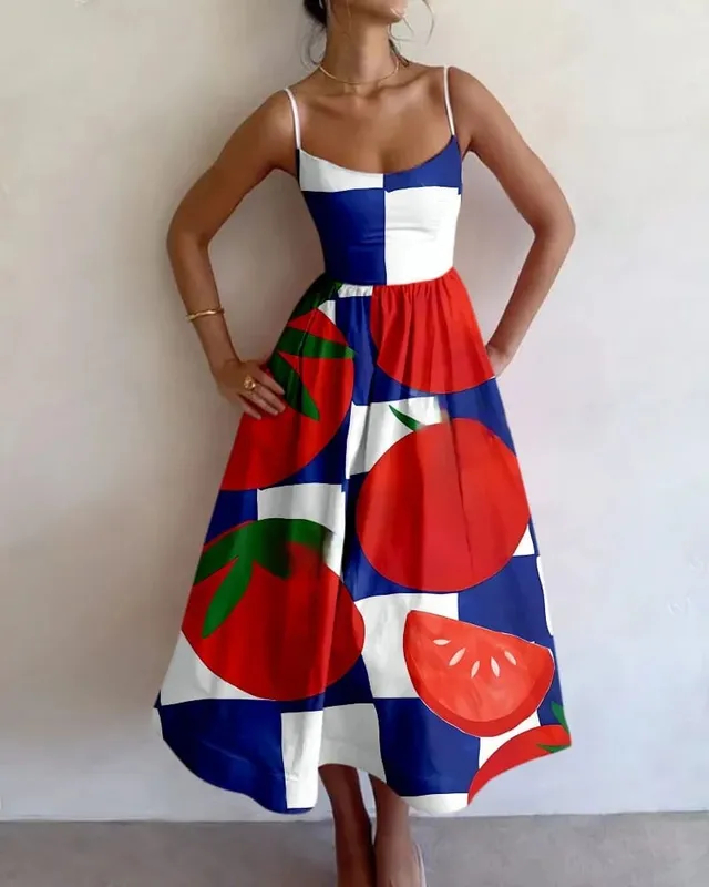 Summer Women Print Bodycon Dress Sling Cold Shoulder High Waist A-line Maxi Dresses Beach Party Gowns Casual Vestidos Fashion