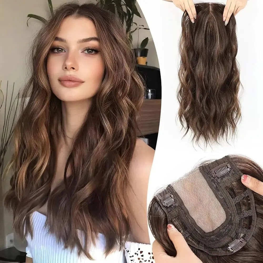 20in Wavy Hair Toppers Long Brown Mixed Blonde Premium Synthetic Hairpieces with 6*6 Large Base Lace Clip In Hair for Women