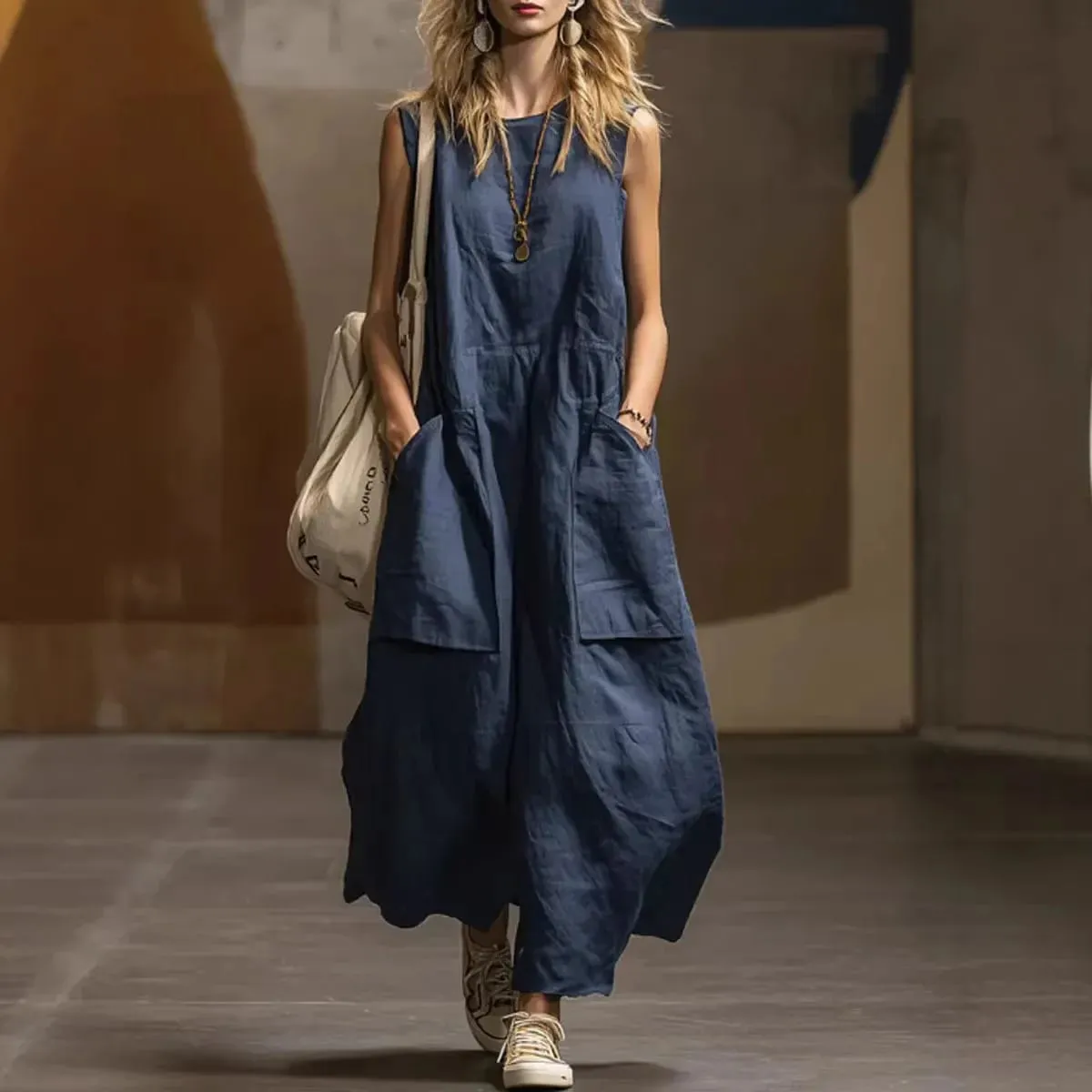 2026 Summer Loose And Simple Sleeveless Cotton And Linen Women's Dress New Fashion Casual Pocket Female Holiday Long Dresses