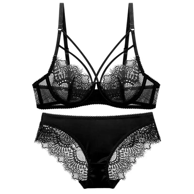 L'bellagiovanna Sexy Lace Lingerie Set Women Ultra-Thin Floral Embroidery Bra Panty Set Seamless Underwire Bralette B C D E Cup