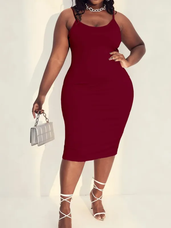 Plain Solid Low Scoop Neck Mid-Length Silhouette Wide Color Range Plus Size Knit Spaghetti Strap Maxi Dress Skin Friendly Comfort Modern Fashion Casual All Season Daily Wear Sleeveless Dress For Curvy Females