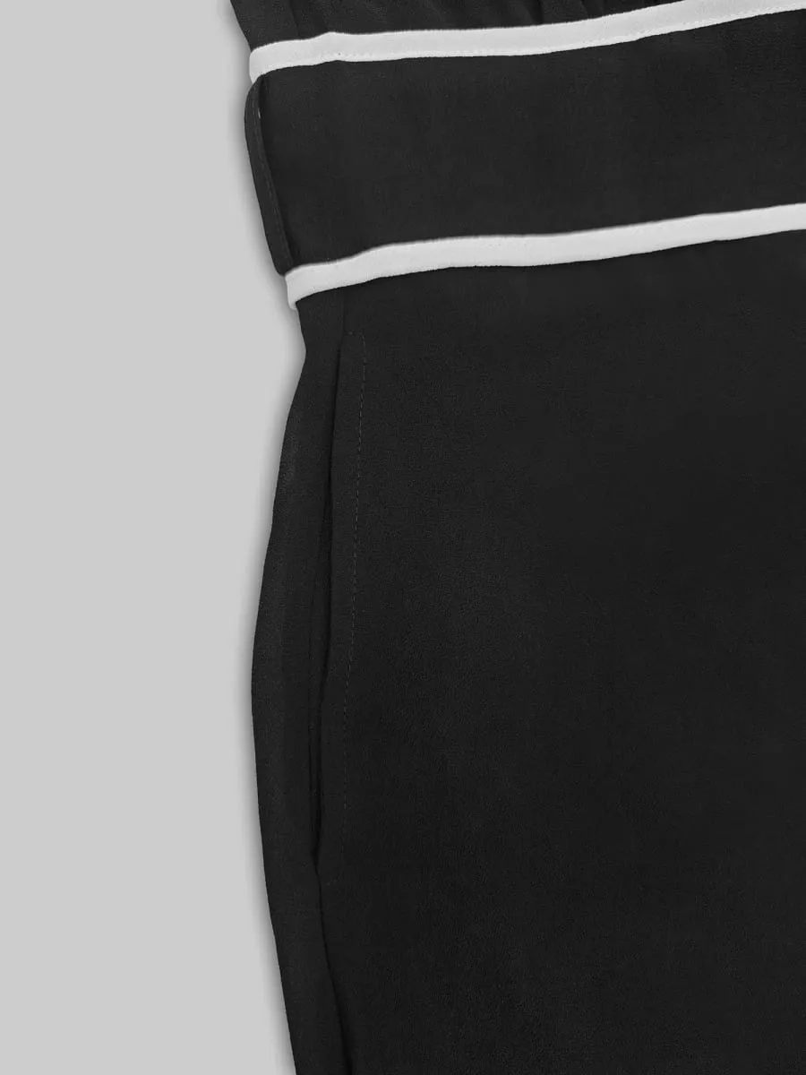French Elegant Chiffon Maxi Dress High Neck Long Sleeve with White Piping Trim Ideal for Office Business Banquets & Parties
