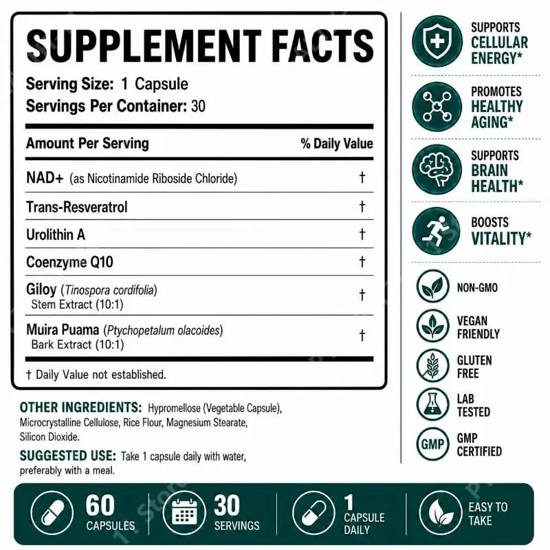 Docteat Liposomal NAD+ Capsules Energy & Healthy Aging Support with Urolithin A Trans Resveratrol CoQ10 Men Women 60 Capsules