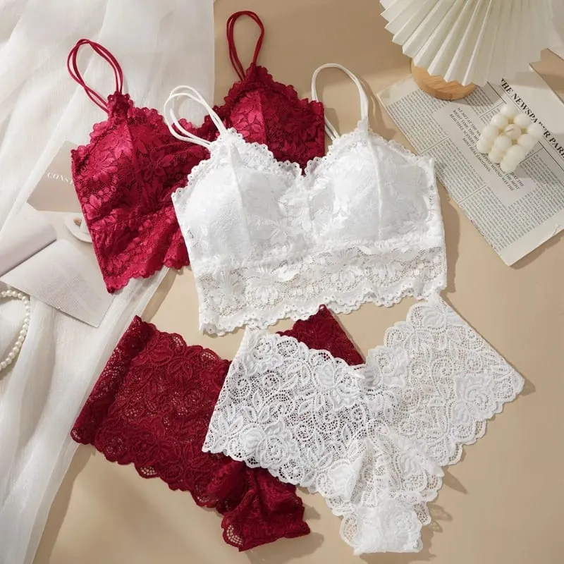 M-2XL Women Sexy Lace Bras Suit Hollow Out Flower Lace Underwear Sets Beautiful Back Tops Panties 2PCS Intimate Set — image 2