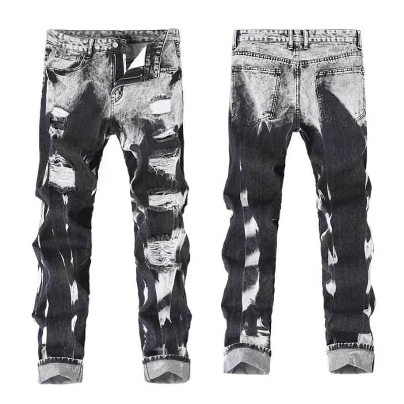 New Patchwork Ripped Jeans Men's Slim Fit Moto Biker Fashion Denim Trousers Vintage High Street Black Casual Pants Street Wear
