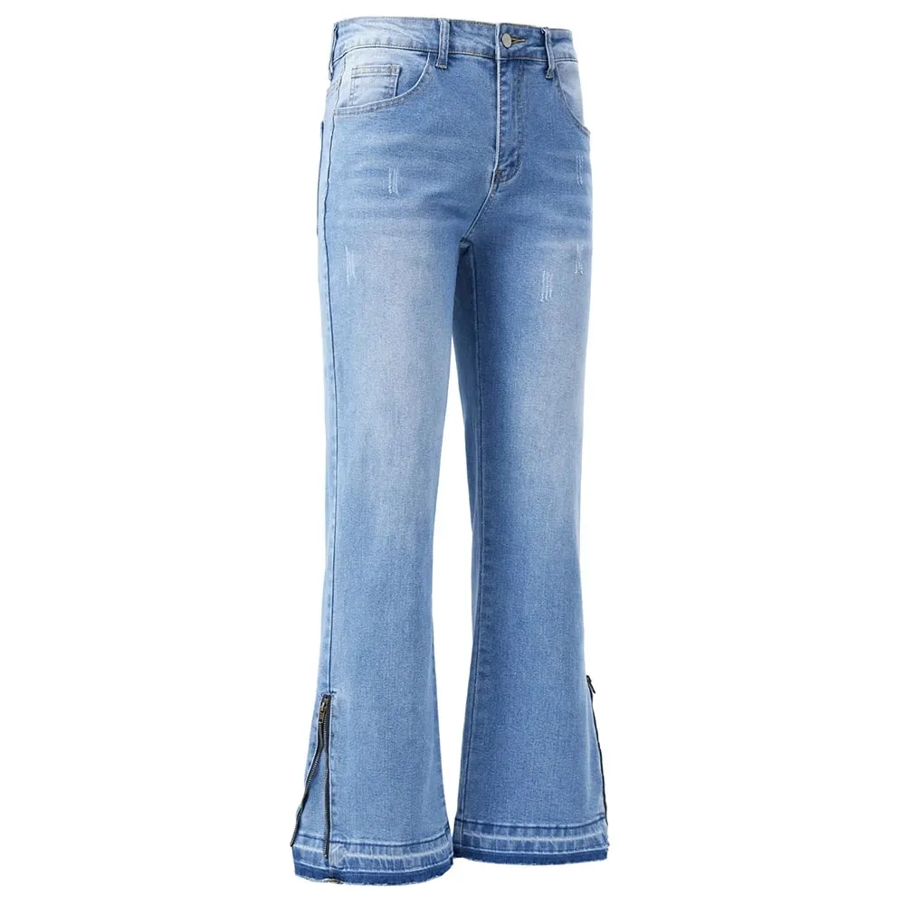 Men's Boot Cut Denim Jeans Streetwear Bottom Zipper Released Hem Pants Pure Color Blue Black Cotton Spandex Trousers