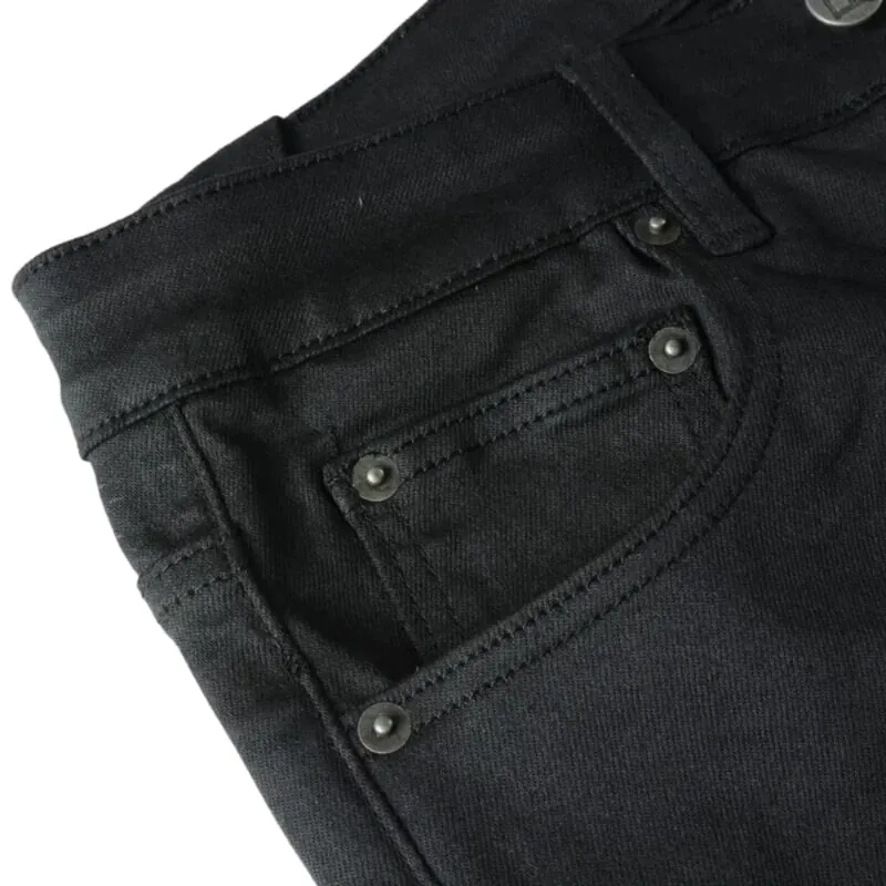 Men's High Street Black Coated Denim Jeans Washed Skinny Fit Embroidered Letter Motif Button Fly Versatile Year‑Round Outfit