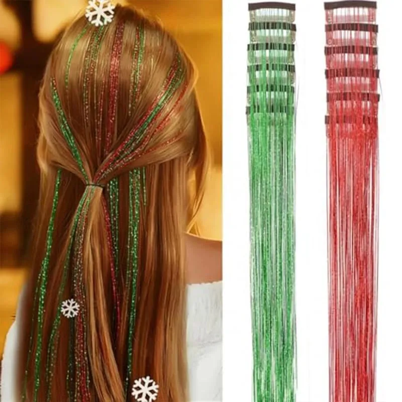 12Pcs Clip in Hair Tinsel Kit Red Hair Tinsel 22Inch Tinsel Hair Extensions Christmas Hair Tinsel Party Festival Accessories