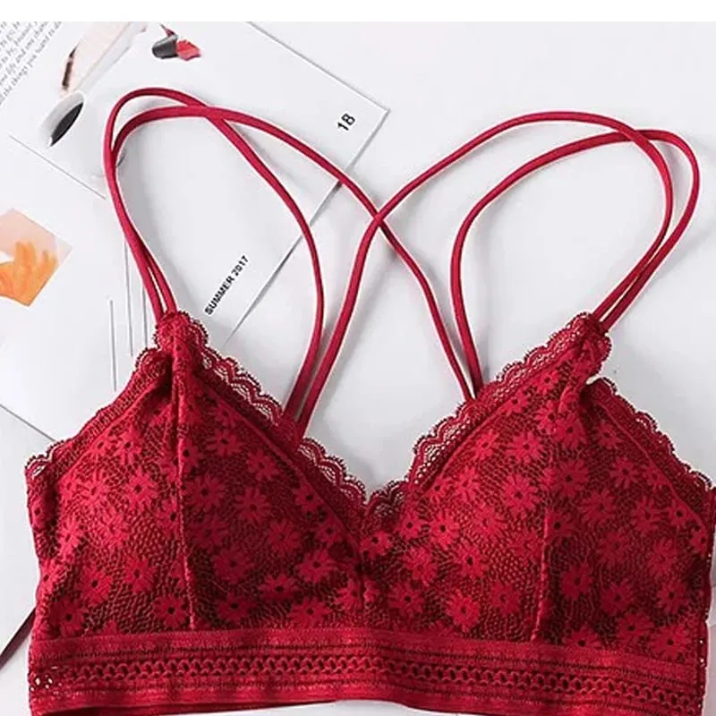 Women's Lace Lingerie Set Cross Shoulder Strap Without Steel Ring Bra Comfortable Support Underwear With Gathering Design