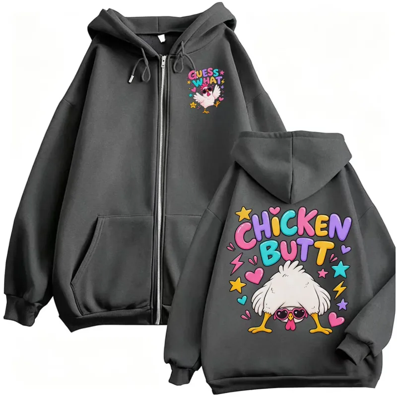 Guess What Chicken Butt Funny Cute Zip Up Hoodies Men Women Harajuku Cartoon SweatshirtS Jacket Coats High Quality Zipper Hoodie