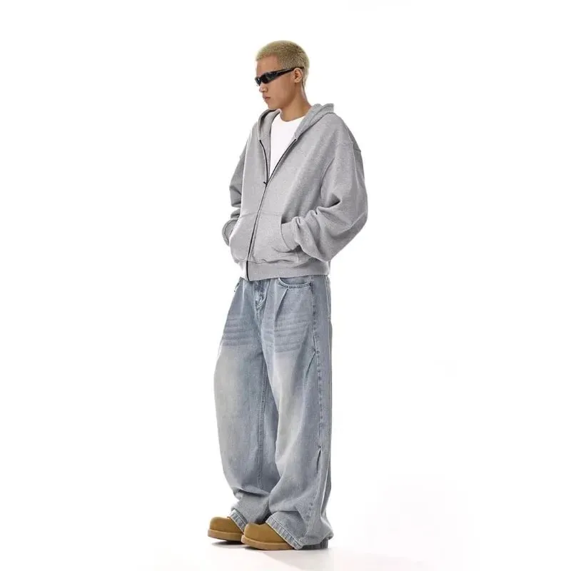 Mens Jeans Harajuku American Vintage Washed Cleanfit High Street Straight Loose Wide Leg Denim Pants Unisex Fashion Style New