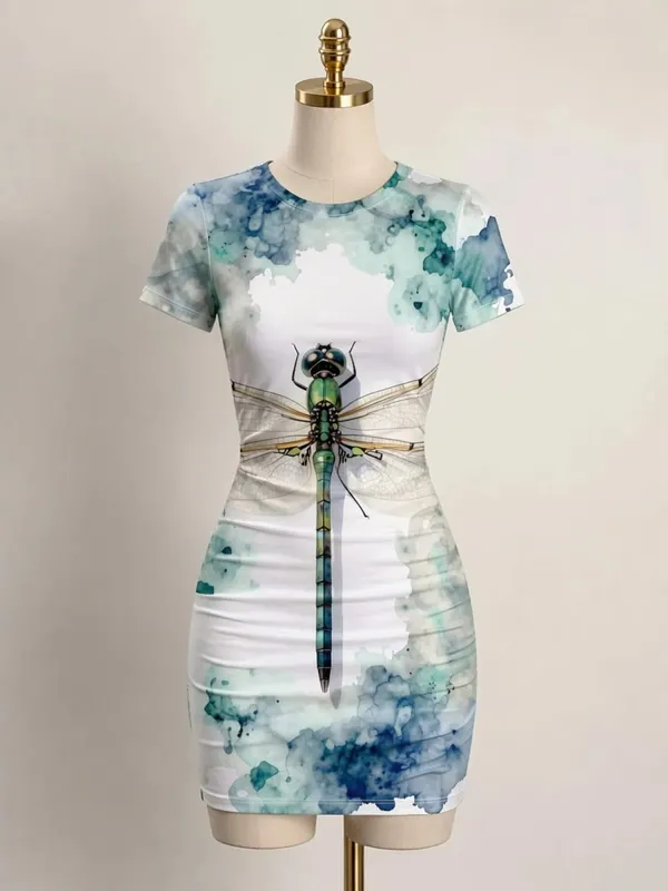 Womens Short Sleeve Bodycon Mini Dress Slim Fit Crew Neck Floral Print Casual Summer Party Cute Comfy Vacation Vacation Sundress