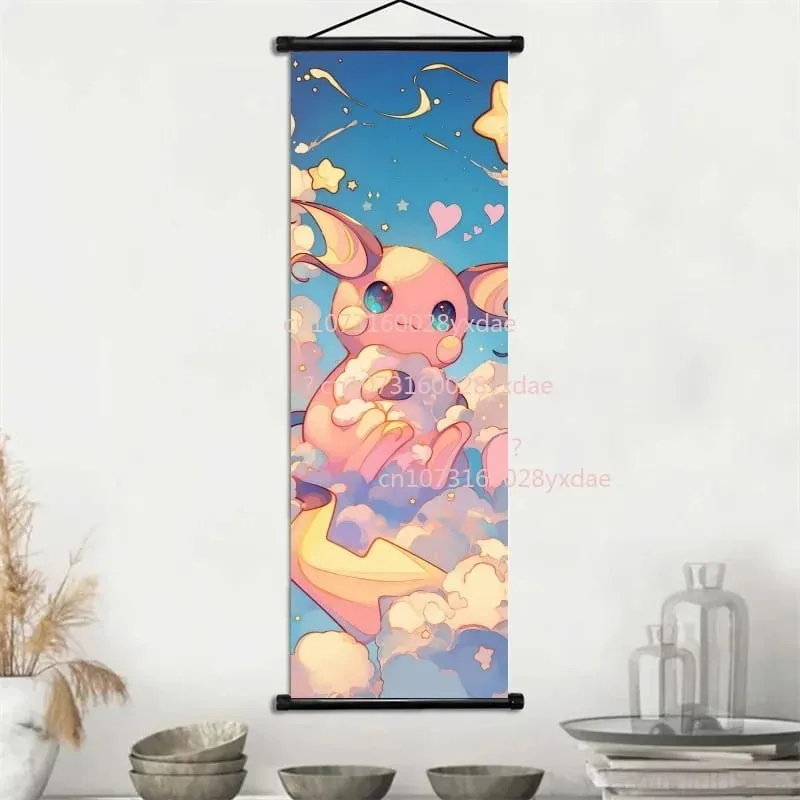 Classic Printed Pokemon Poster Cartoon Wall Artwork Gengar Squirtle Bulbasaur Pikachu Hanging Scroll Family Room Decoration