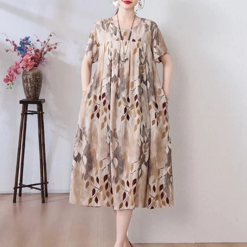Yeni Moda Rahat 2026 Yaz Elbiseler Kadınlar Için Vintage Kısa Kollu O-Boyun Baskı Gevşek Çiçek Elbise Kadın Giysileri