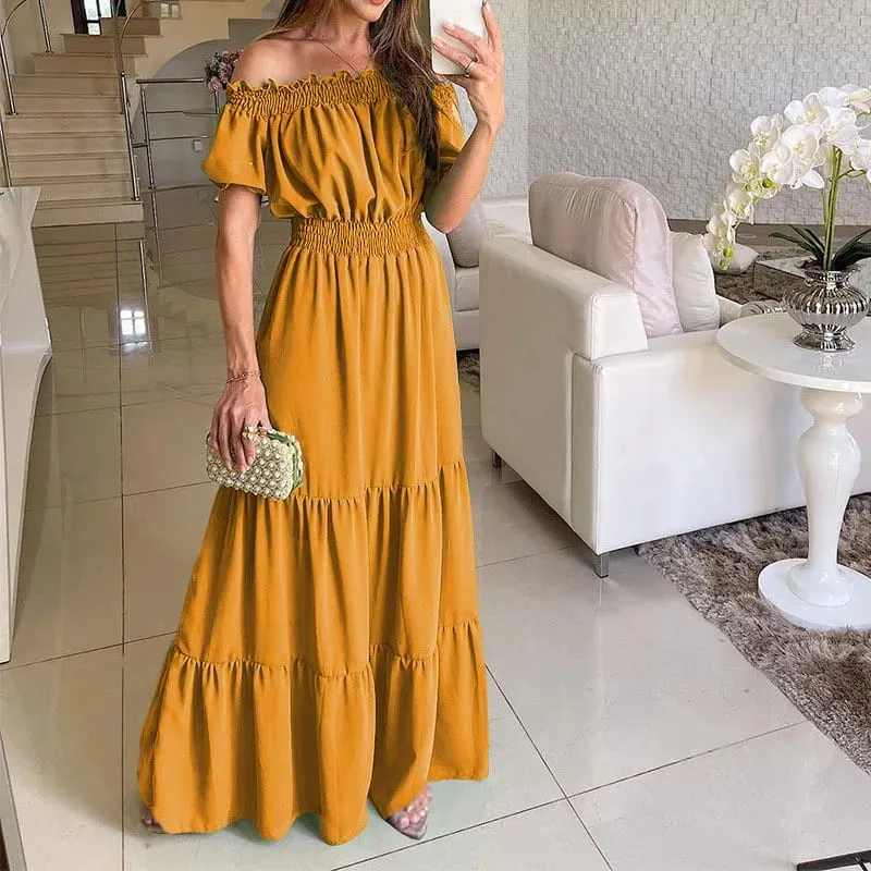 2025 Estate Solid Boho Dress Donna Moda Elegante Beach Party Dress Casual Slash Neck Ufficio Maxi Abiti per la donna Robe Femme