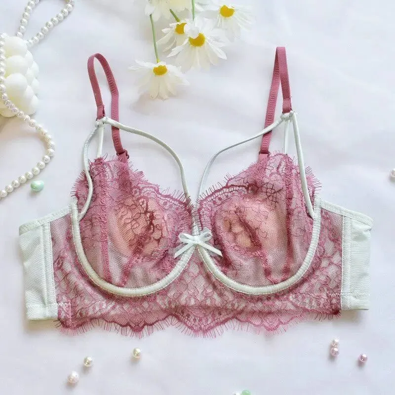 Korean Hot Trend Pure Desire Lace Bra Set Underwire Thin Cup Push Up Large Bust Visually Small Anti Droop Lingerie 32-38 Hot