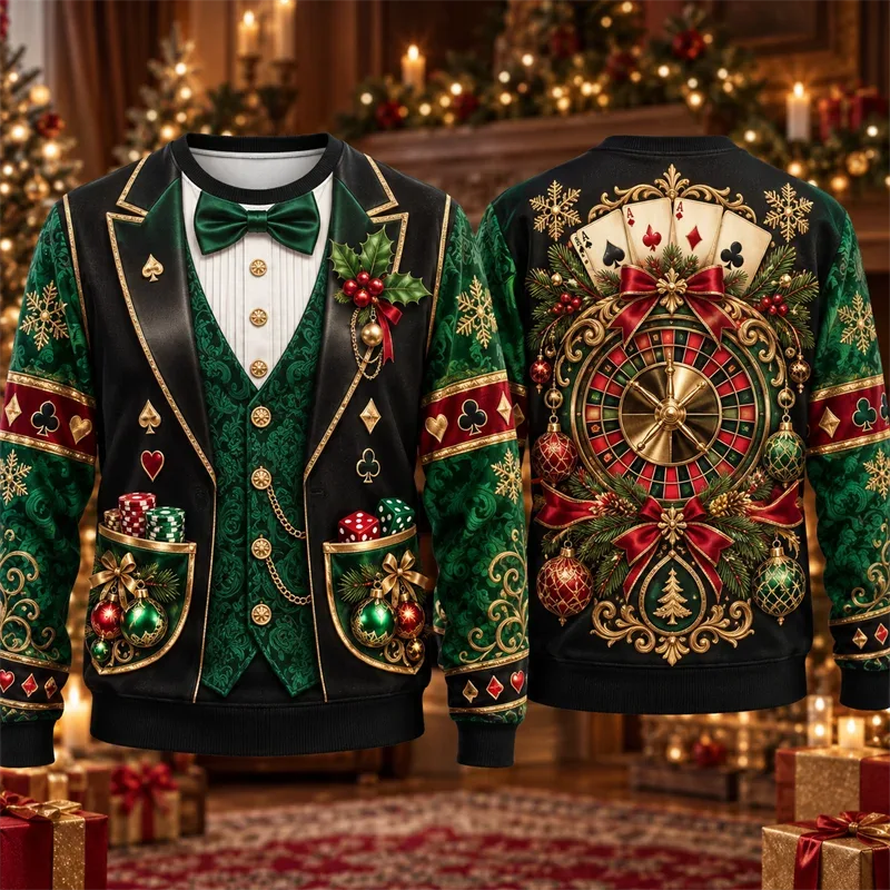 Christmas Fake Suit Tie Sweatshirt Men Vintage Tuxedo Blazer Bow Tie Graphic Crewneck Xmas Pullover Holiday Party Streetwear