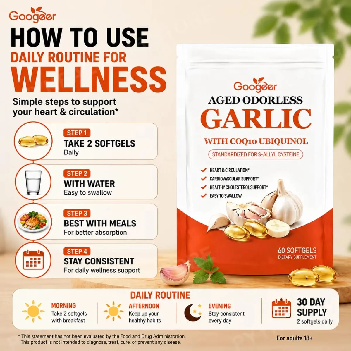 Googeer Aged Odorless Garlic Softgels with CoQ10 Ubiquinol Vitamin K2 MK-7 Heart Circulation Energy Immune Support 60 Count